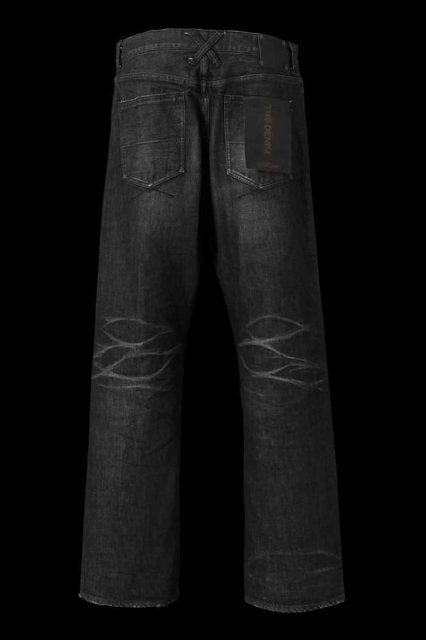 THE DENIM STRETCH SELVEDGE DENIM LOOSE FLARE PANTS “DARK.BLACK”