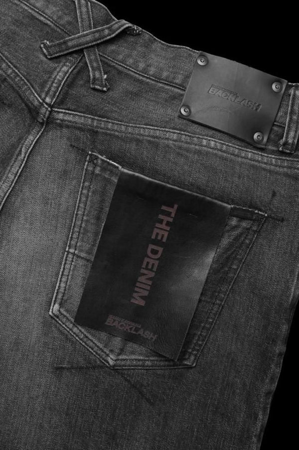 THE DENIM STRETCH SELVEDGE DENIM LOOSE FLARE PANTS “LIGHT.BLACK”