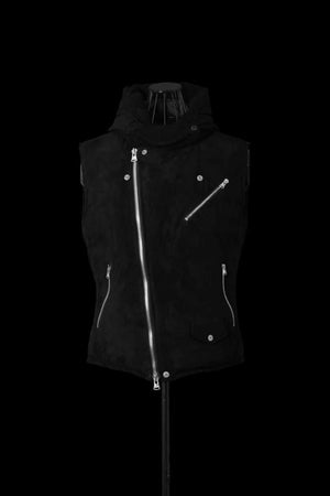 xx NANGA KANGAROO SUEDE “POLISH WHITE GOOSE DOWN” HOODED RIDERS VEST【BLACK×SILVER】