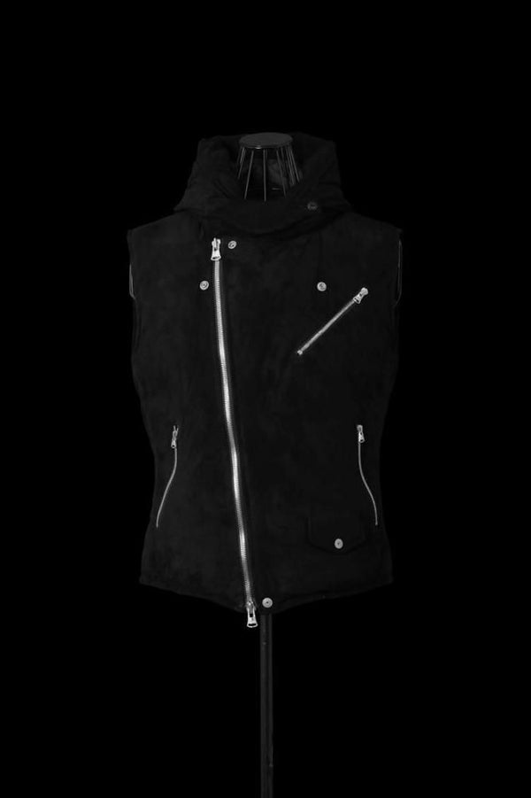 xx NANGA KANGAROO SUEDE “POLISH WHITE GOOSE DOWN” HOODED RIDERS VEST【BLACK×SILVER】