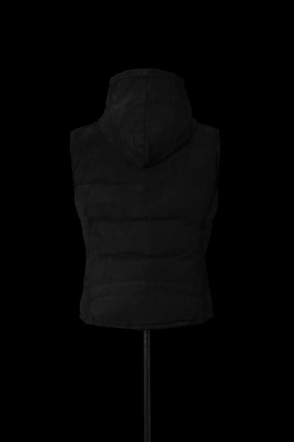 xx NANGA KANGAROO SUEDE “POLISH WHITE GOOSE DOWN” HOODED RIDERS VEST【BLACK×SILVER】