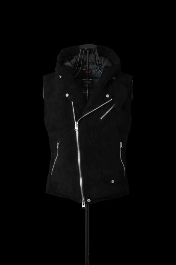 xx NANGA KANGAROO SUEDE “POLISH WHITE GOOSE DOWN” HOODED RIDERS VEST【BLACK×SILVER】