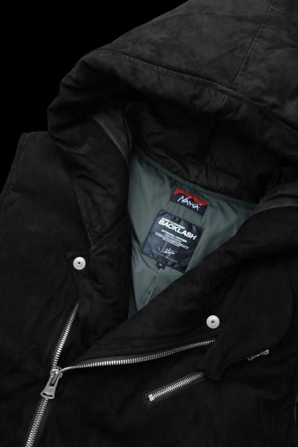 xx NANGA KANGAROO SUEDE “POLISH WHITE GOOSE DOWN” HOODED RIDERS VEST【BLACK×SILVER】