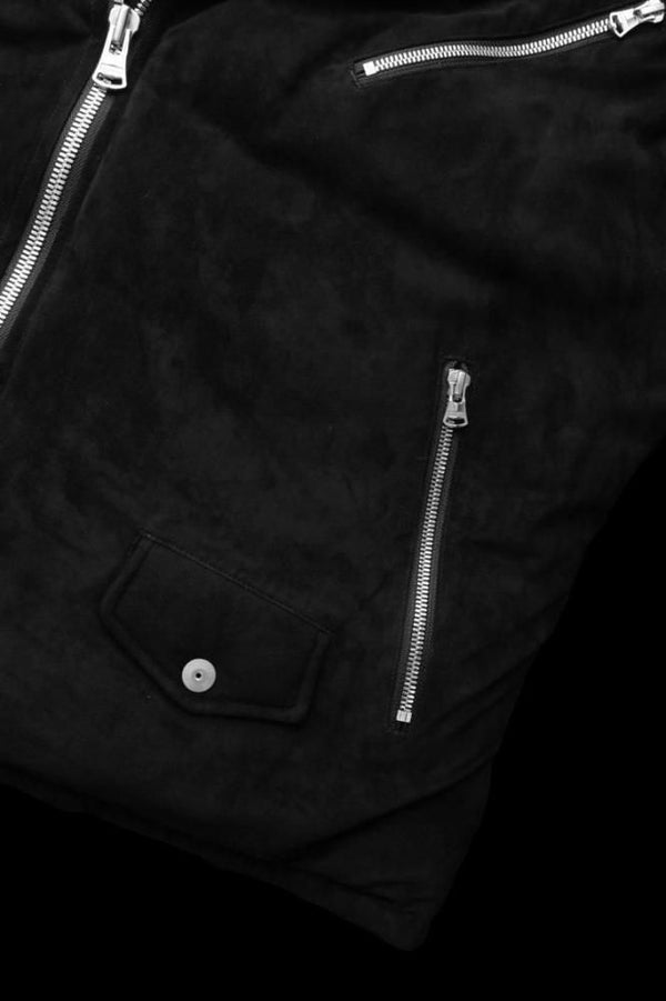 xx NANGA KANGAROO SUEDE “POLISH WHITE GOOSE DOWN” HOODED RIDERS VEST【BLACK×SILVER】