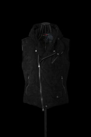 xx NANGA KANGAROO SUEDE “POLISH WHITE GOOSE DOWN” HOODED RIDERS VEST【BLACK×BLACK】