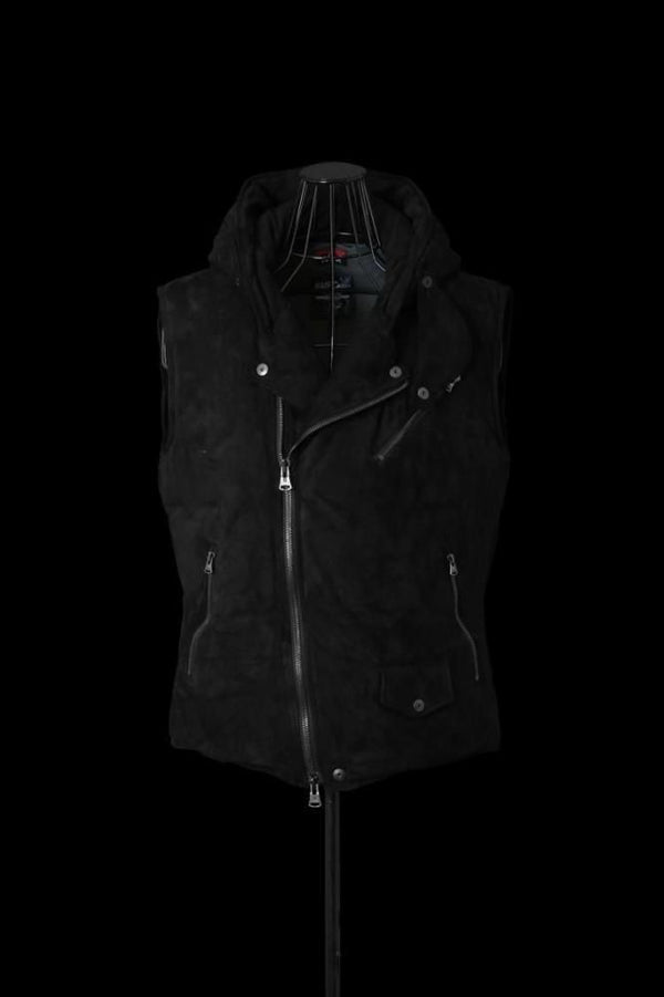 xx NANGA KANGAROO SUEDE “POLISH WHITE GOOSE DOWN” HOODED RIDERS VEST【BLACK×BLACK】