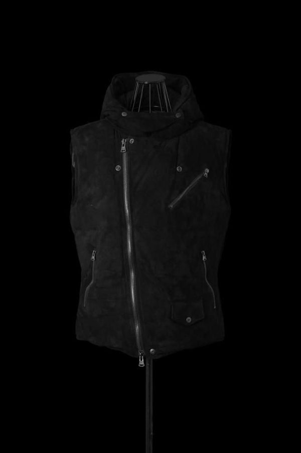 xx NANGA KANGAROO SUEDE “POLISH WHITE GOOSE DOWN” HOODED RIDERS VEST【BLACK×BLACK】