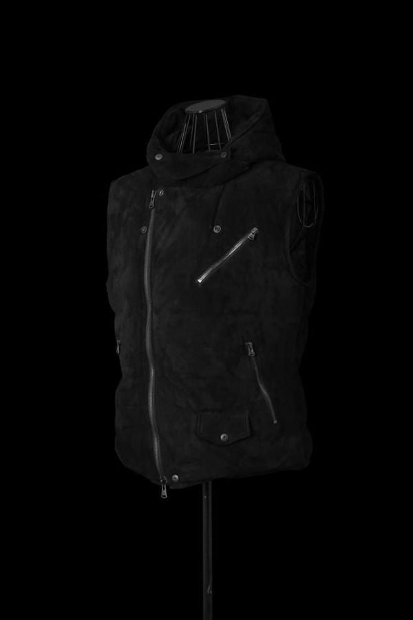 xx NANGA KANGAROO SUEDE “POLISH WHITE GOOSE DOWN” HOODED RIDERS VEST【BLACK×BLACK】