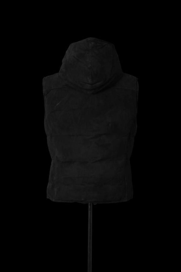 xx NANGA KANGAROO SUEDE “POLISH WHITE GOOSE DOWN” HOODED RIDERS VEST【BLACK×BLACK】