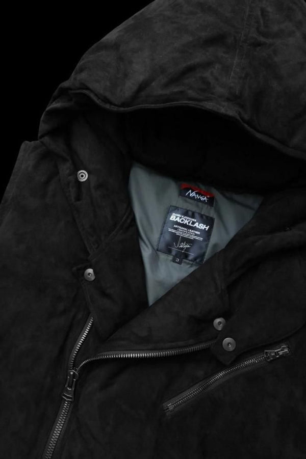 xx NANGA KANGAROO SUEDE “POLISH WHITE GOOSE DOWN” HOODED RIDERS VEST【BLACK×BLACK】