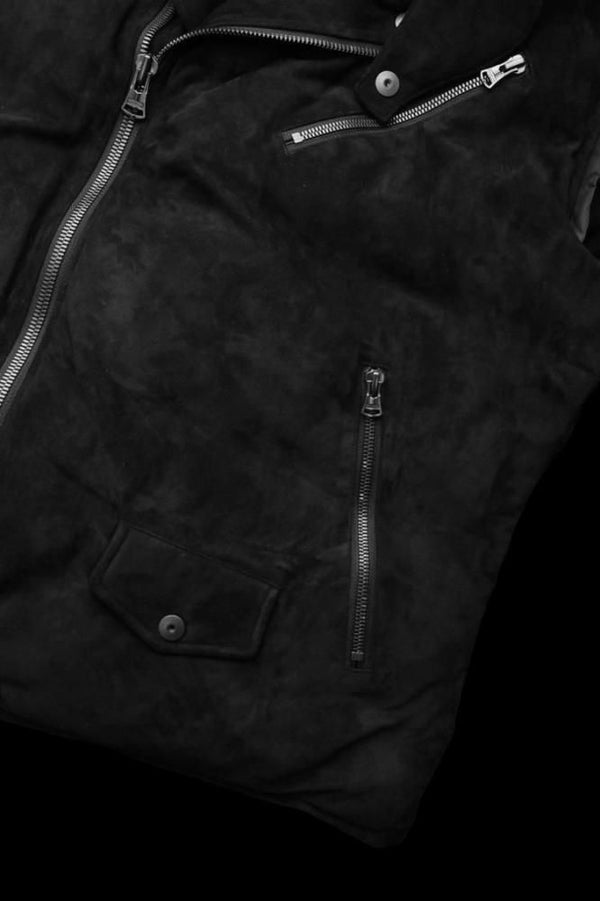 xx NANGA KANGAROO SUEDE “POLISH WHITE GOOSE DOWN” HOODED RIDERS VEST【BLACK×BLACK】