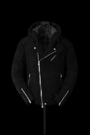 xx NANGA KANGAROO SUEDE “POLISH WHITE GOOSE DOWN” HOODED RIDERS JACKET【BLACK×SILVER】