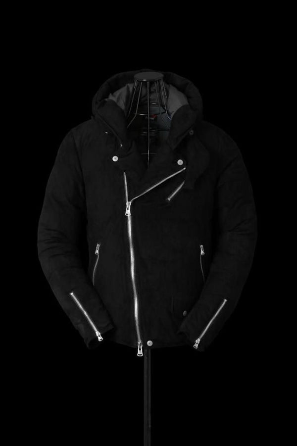 xx NANGA KANGAROO SUEDE “POLISH WHITE GOOSE DOWN” HOODED RIDERS JACKET【BLACK×SILVER】