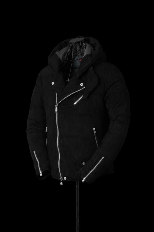 xx NANGA KANGAROO SUEDE “POLISH WHITE GOOSE DOWN” HOODED RIDERS JACKET【BLACK×SILVER】