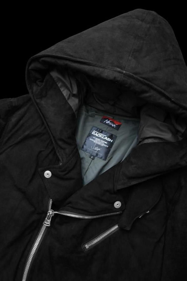 xx NANGA KANGAROO SUEDE “POLISH WHITE GOOSE DOWN” HOODED RIDERS JACKET【BLACK×SILVER】