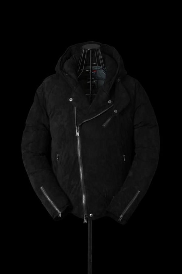 xx NANGA KANGAROO SUEDE “POLISH WHITE GOOSE DOWN” HOODED RIDERS JACKET【BLACK×BLACK】