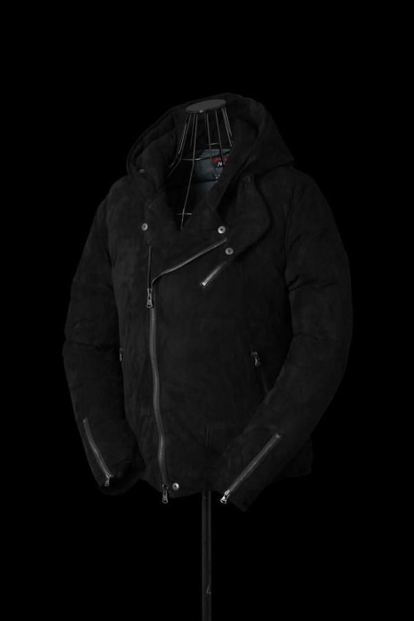 xx NANGA KANGAROO SUEDE “POLISH WHITE GOOSE DOWN” HOODED RIDERS JACKET【BLACK×BLACK】