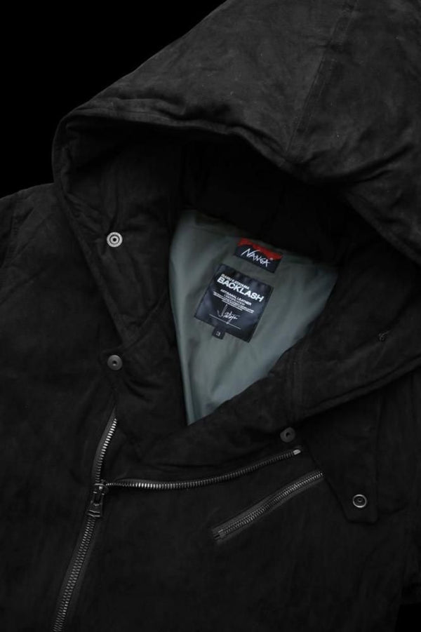 xx NANGA KANGAROO SUEDE “POLISH WHITE GOOSE DOWN” HOODED RIDERS JACKET【BLACK×BLACK】