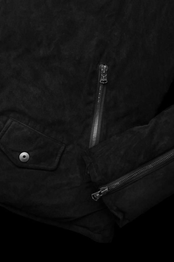 xx NANGA KANGAROO SUEDE “POLISH WHITE GOOSE DOWN” HOODED RIDERS JACKET【BLACK×BLACK】