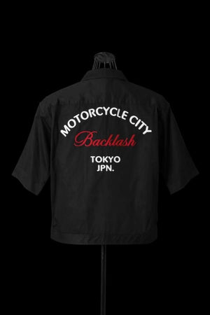 HIGH DENSITY CHINO OPEN COLLAR SHIRT H/S “BACKLASH TYO JPN. EMB”