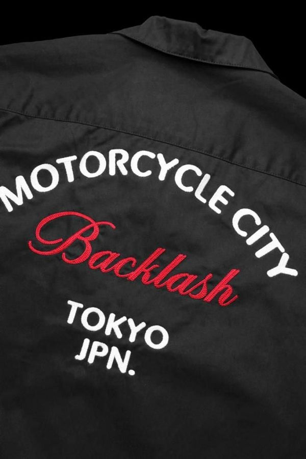 HIGH DENSITY CHINO OPEN COLLAR SHIRT H/S "BACKLASH TYO JPN. EMB"