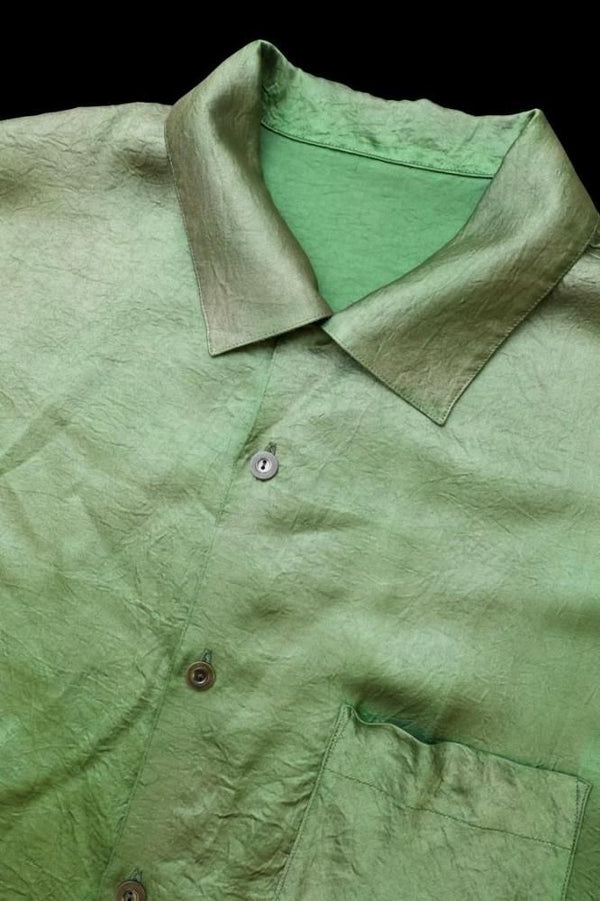 SATIN GARMENT VINTAGE FINISH OPEN COLLAR SHORT SLEEVE SHIRT
